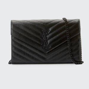 Sain Laurent Monogramme Grain de Poudre Leather Wallet-on-Chain, Black Hardware
